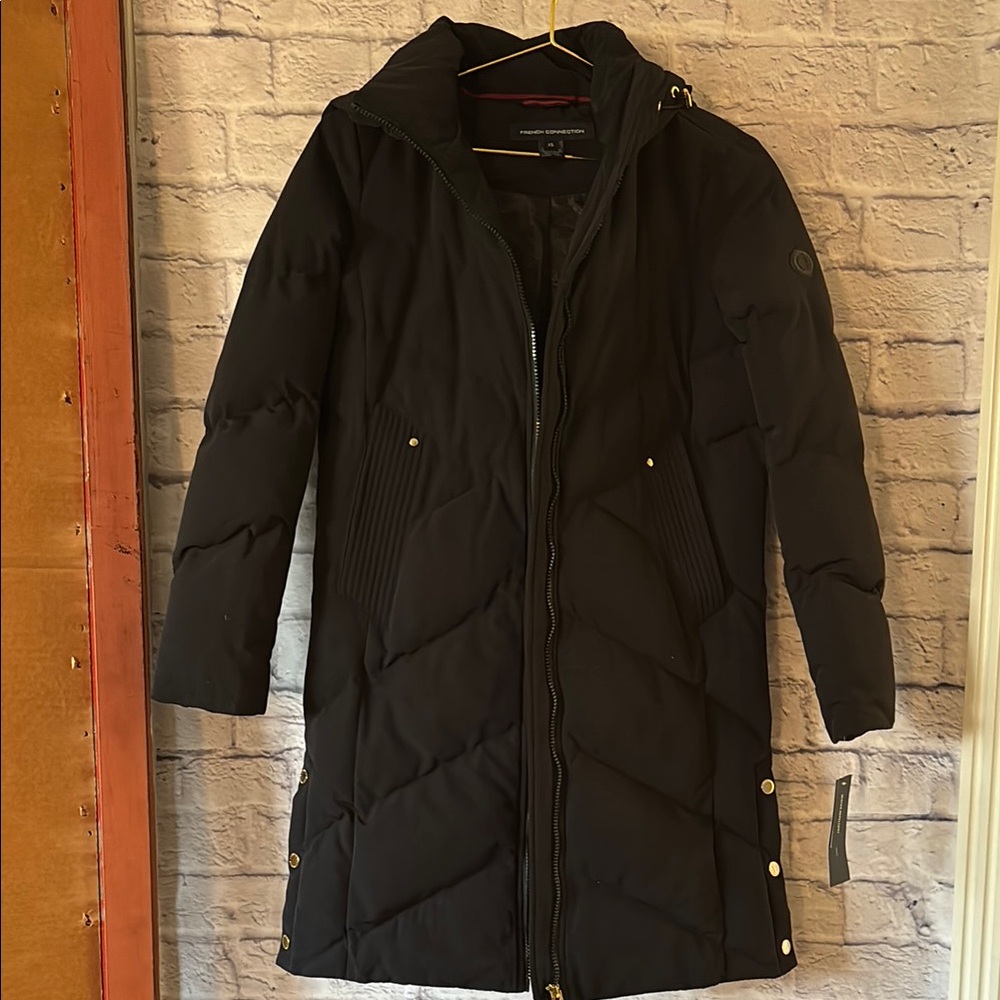 French Connection Hooded Long Puffer Coat Jacket with Gold Accents NWT